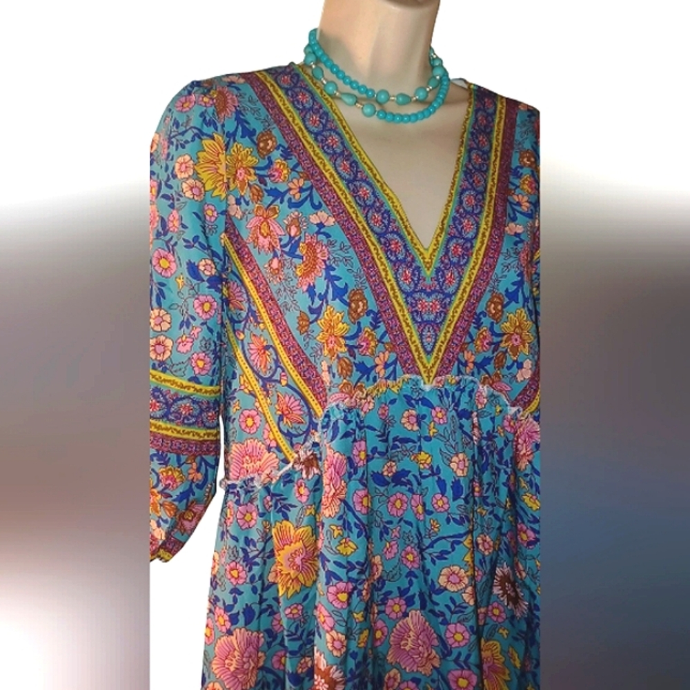 BOHEMIAN STYLE BABYDOLL Yellow & Blue Tiered Mini Dress with V-Neck NWOT SIZE S - Picture 5 of 9